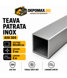 Teava patrata inox AISI 304, 80 x 80 x 5 mm, 6 metri
